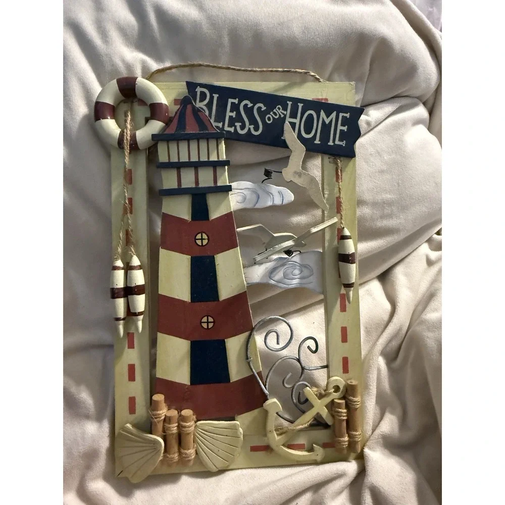 Bless Our Home Wood Wall Hanging Lighthouse Seagulls Beach